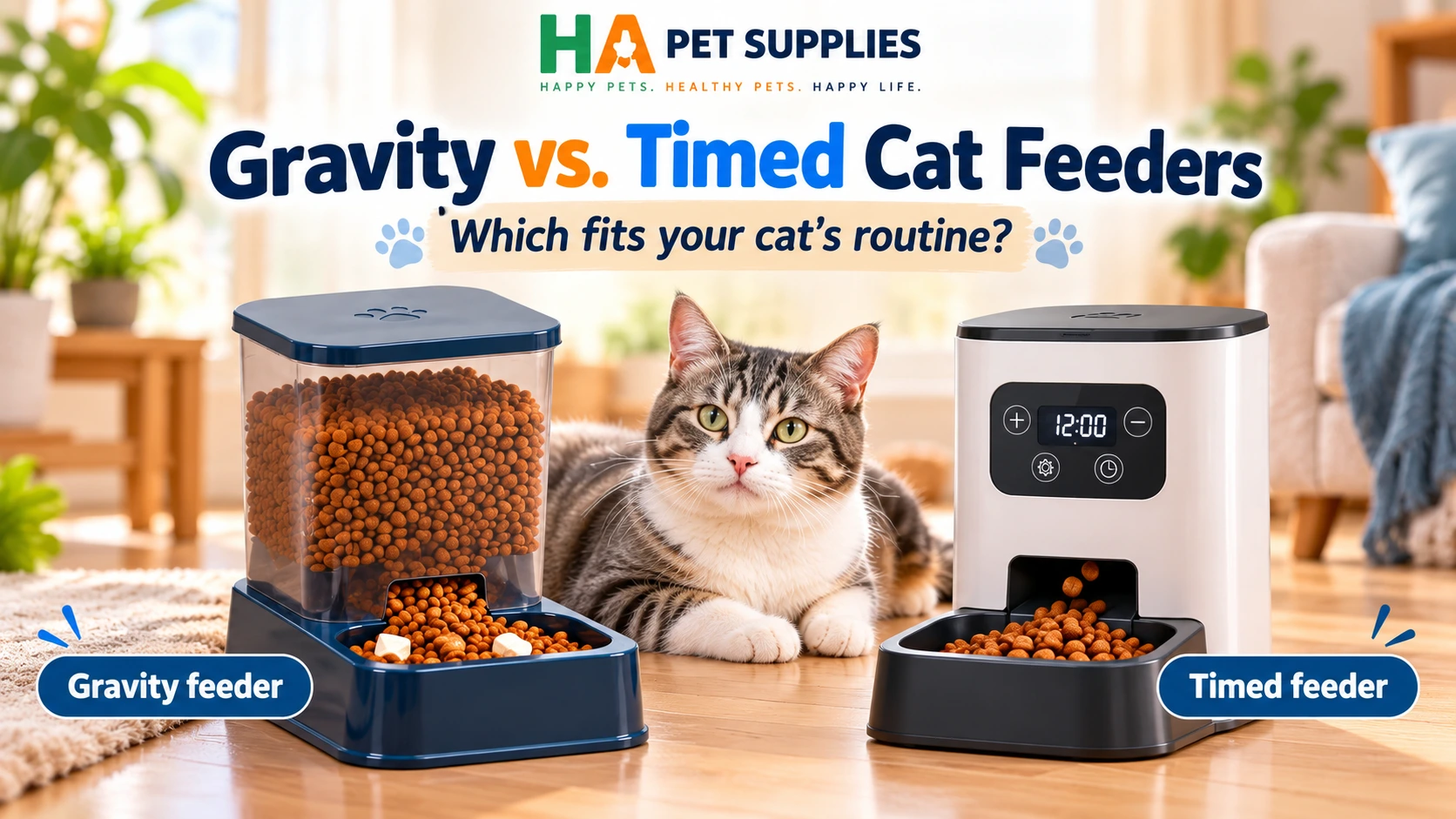 Gravity vs timed automatic cat feeders compared beside a cat