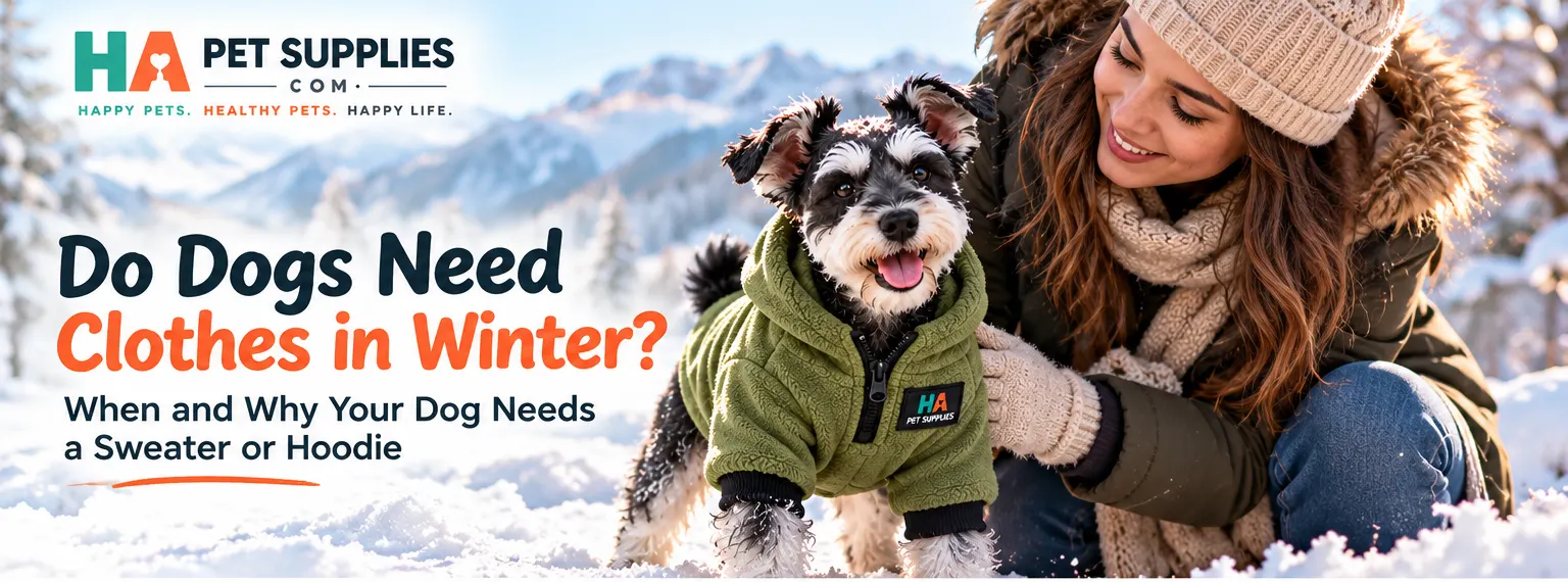 Do dogs need clothes in winter? Small Schnauzer wearing a green fleece dog hoodie in snowy weather.