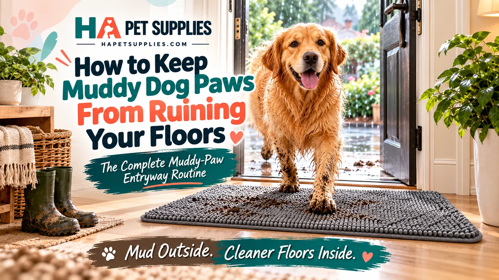 muddy dog paws stepping onto an absorbent muddy mat for dogs