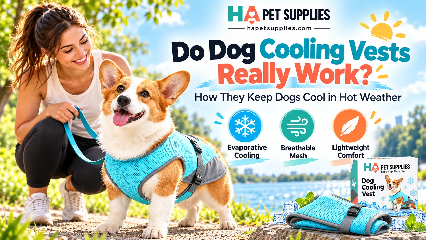 dog cooling vest worn during a warm weather outdoor walk