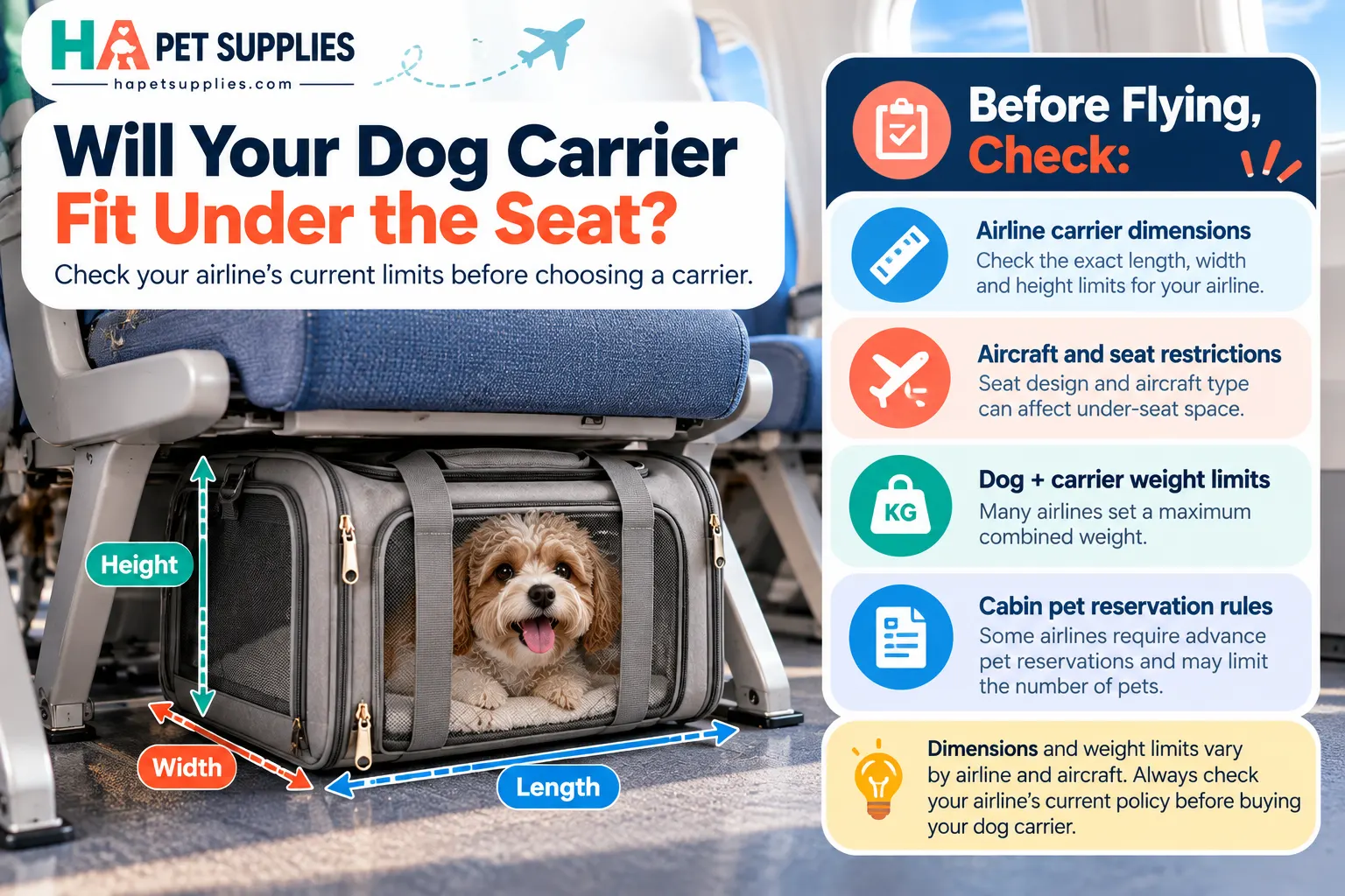 Dog airline carrier fitting under airplane seat for cabin travel