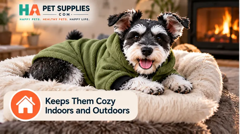 Small Schnauzer in a green fleece dog hoodie resting comfortably indoors during winter beside a fireplace.