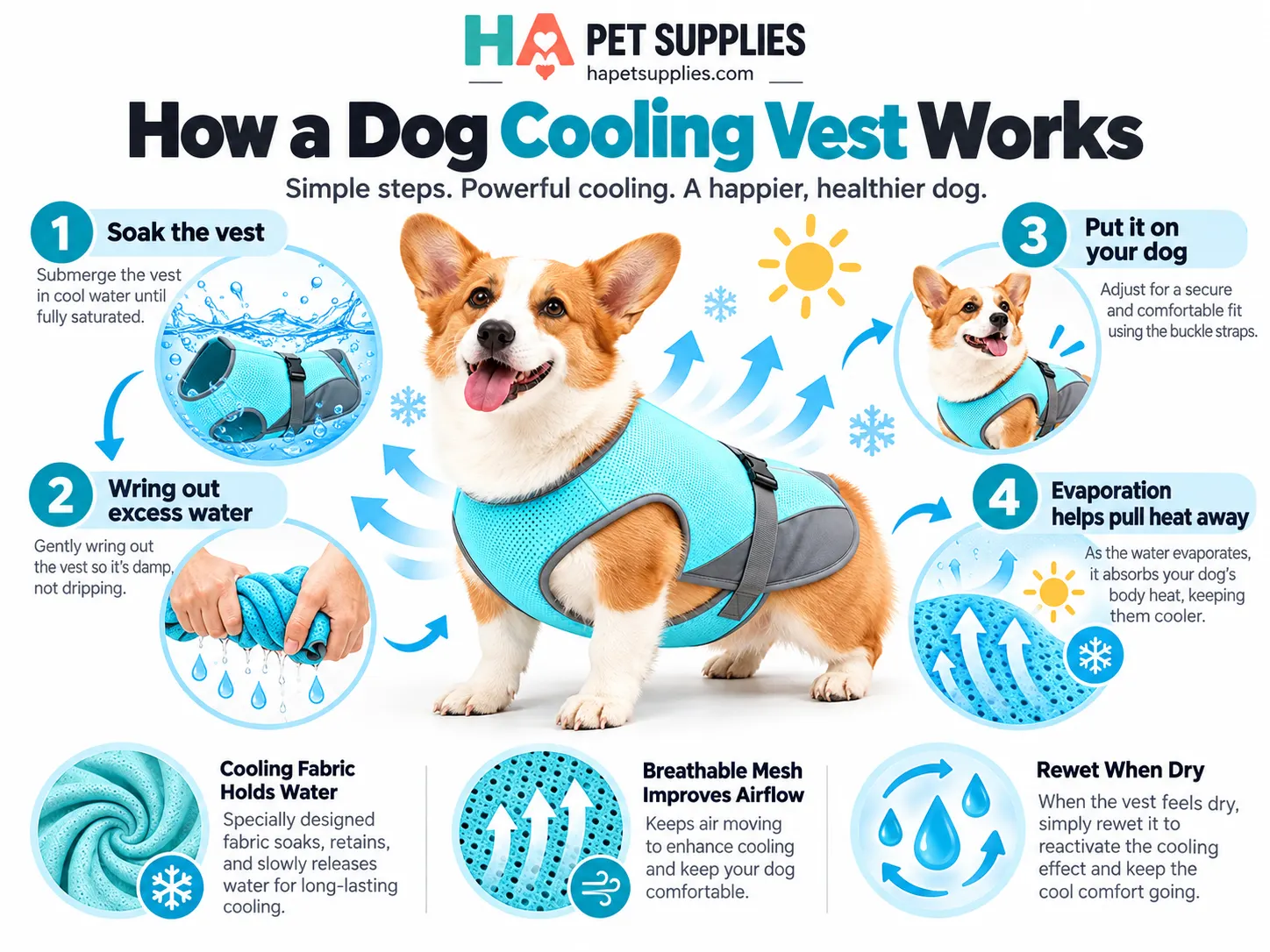 dog cooling vest soak wear and rewet evaporative cooling steps