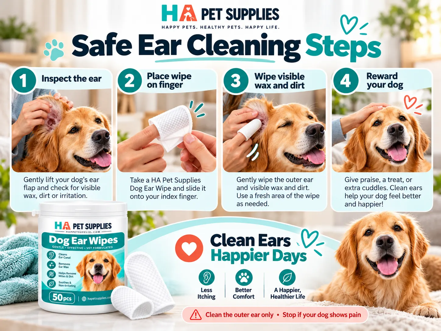 Four safe steps to clean dog ears using finger wipes