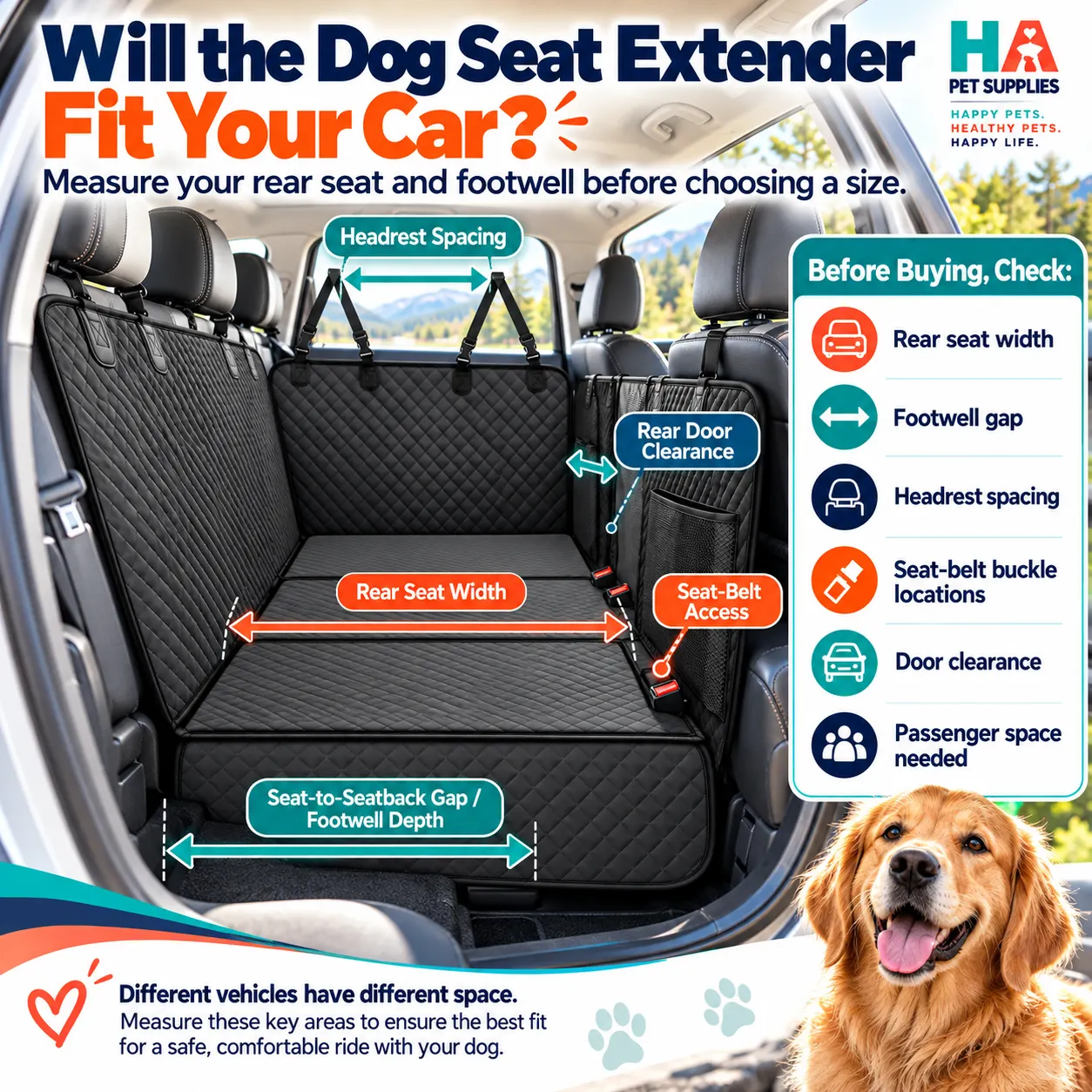 dog seat extender fit guide for measuring rear seat width and footwell