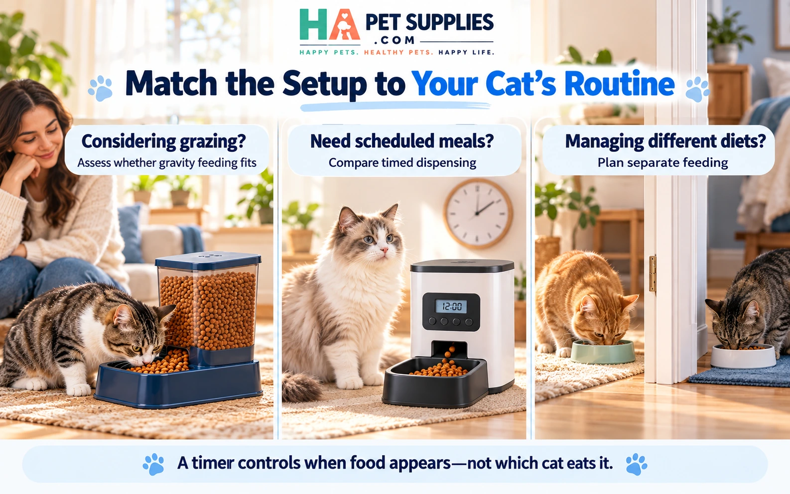 Cat feeding setups for grazing scheduled meals and separate diets