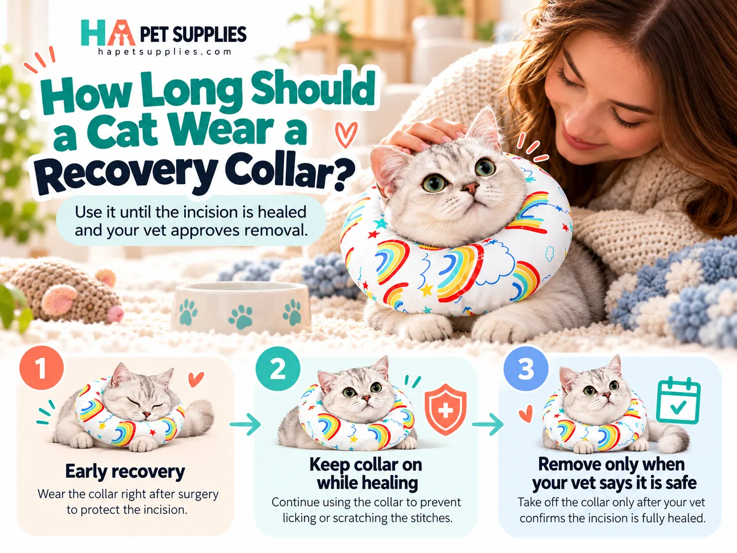 Cat recovery collar after surgery showing safe removal guidance