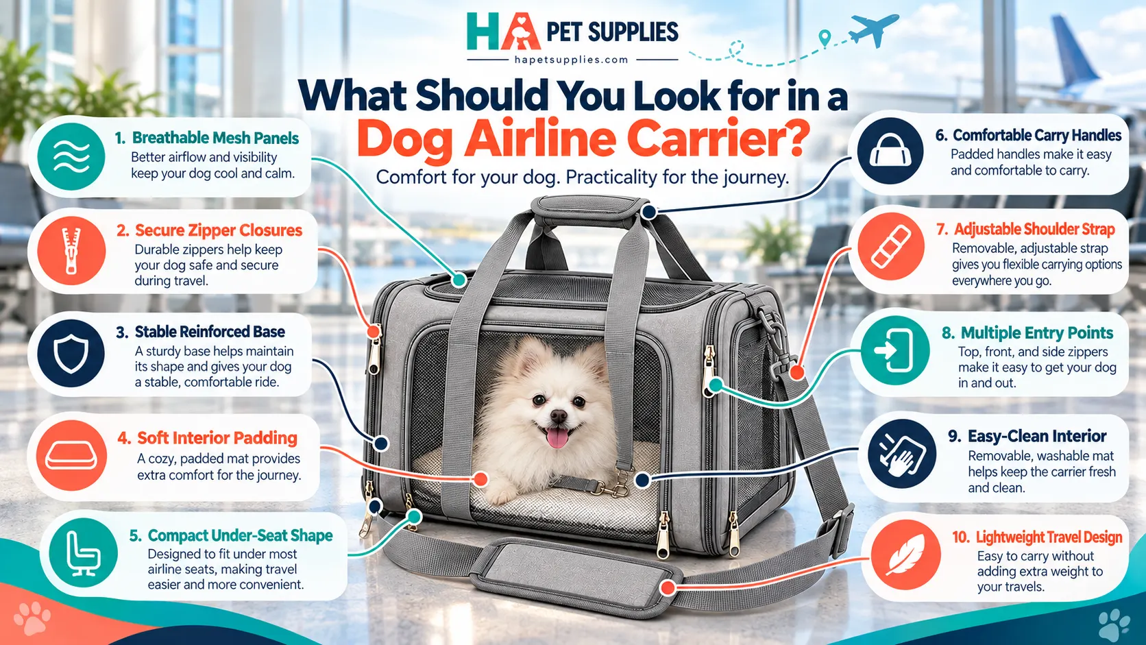Dog airline carrier with breathable mesh and secure travel features