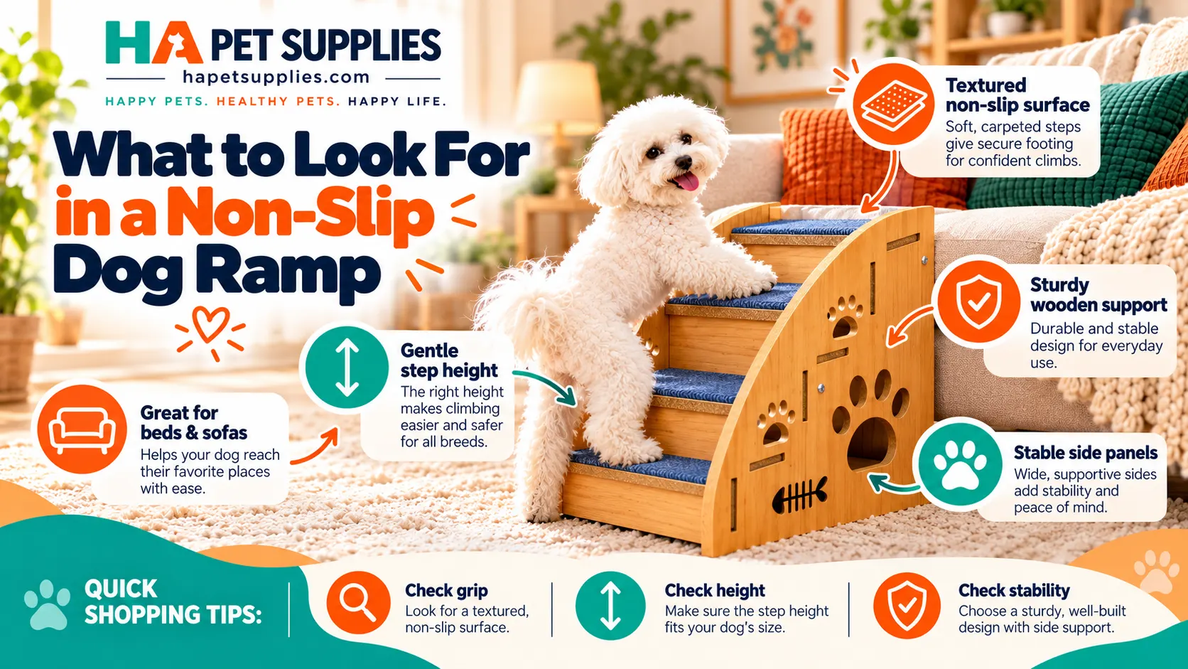 Non slip wooden dog stairs as an alternative to a dog ramp