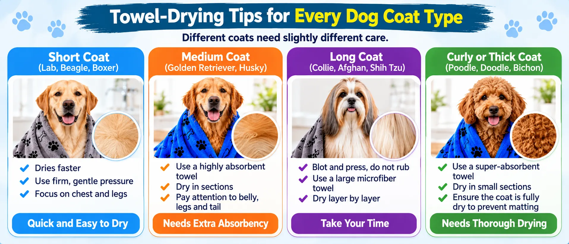 how to dry a dog after a bath for short medium long and curly coat types