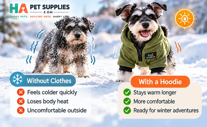 Comparison of a small Schnauzer without winter clothes and wearing a green fleece dog hoodie in snow.