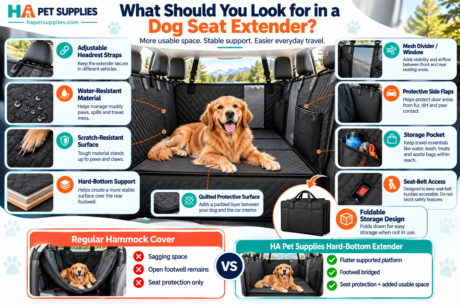 dog seat extender with hard bottom support protective panels and storage