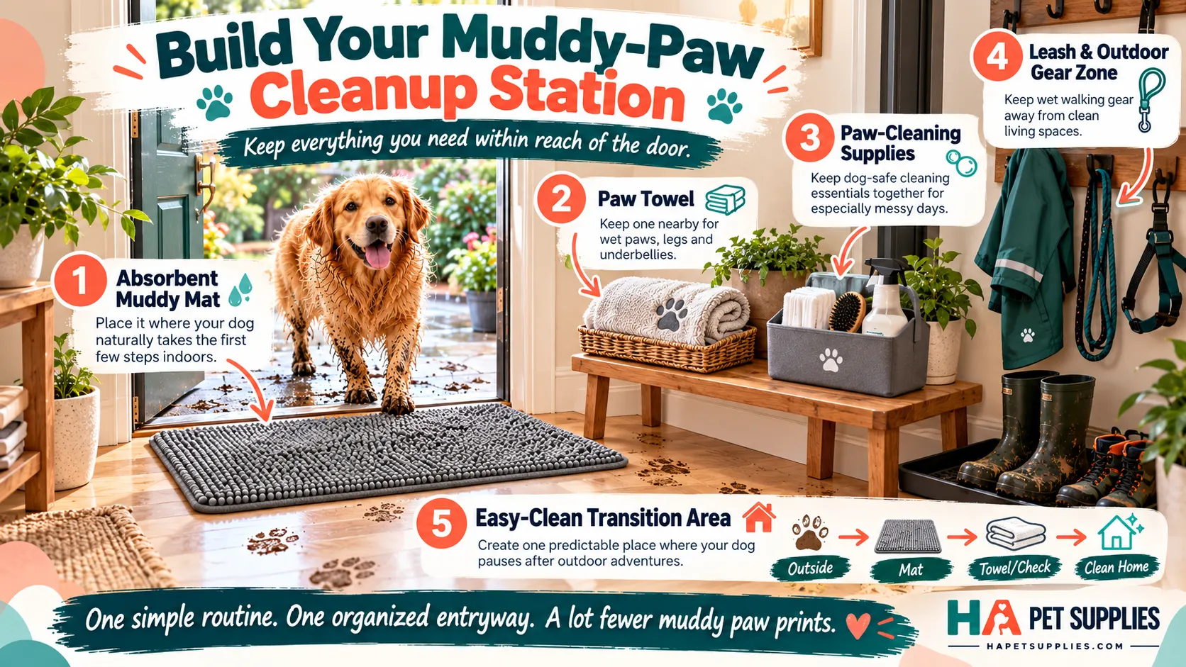 muddy dog paws cleanup station with absorbent mat towels and pet supplies
