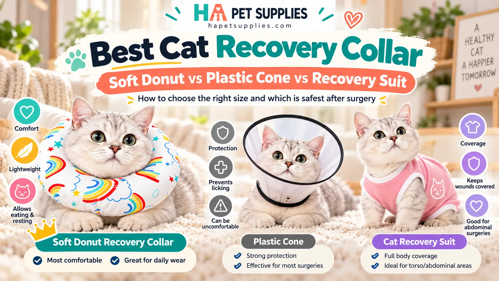 Best cat recovery collar comparison with soft donut plastic cone and recovery suit