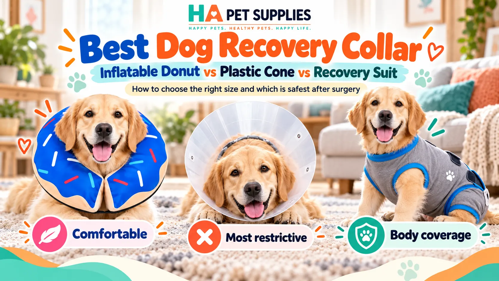 Best dog recovery collar comparison showing inflatable donut, plastic cone and recovery suit