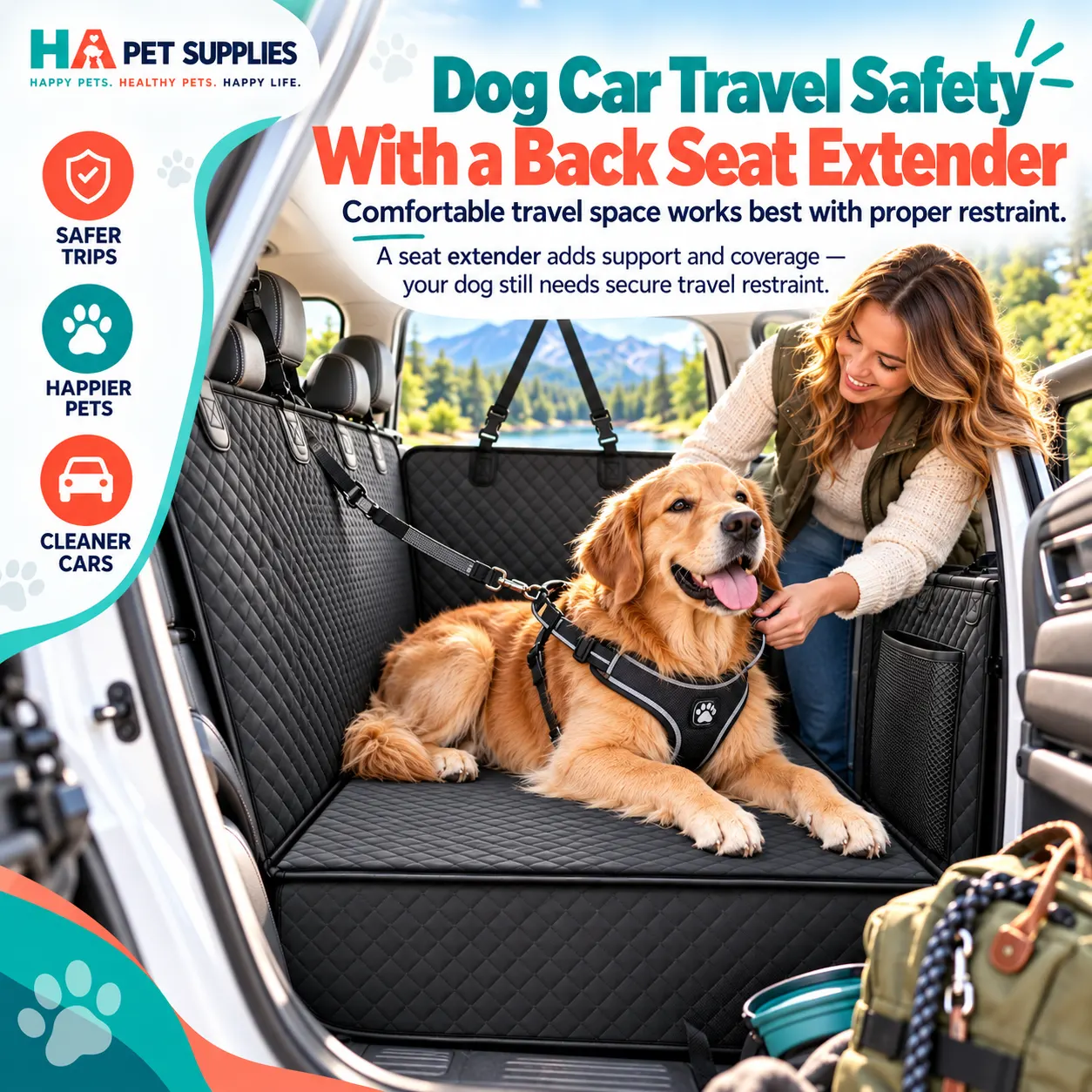 dog car travel safety with dog seat extender and travel harness
