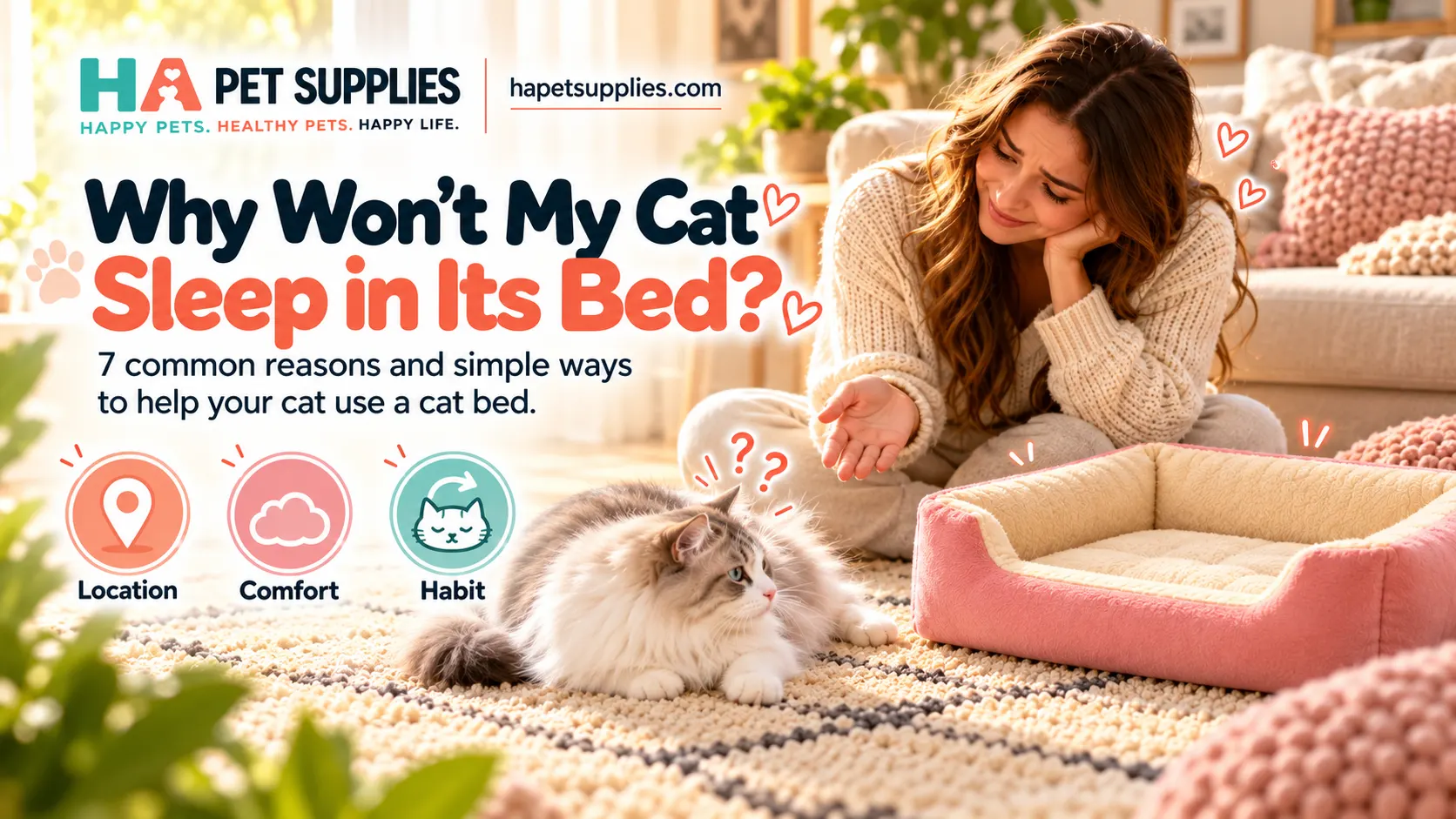 Cat avoiding pink plush cat bed in living room