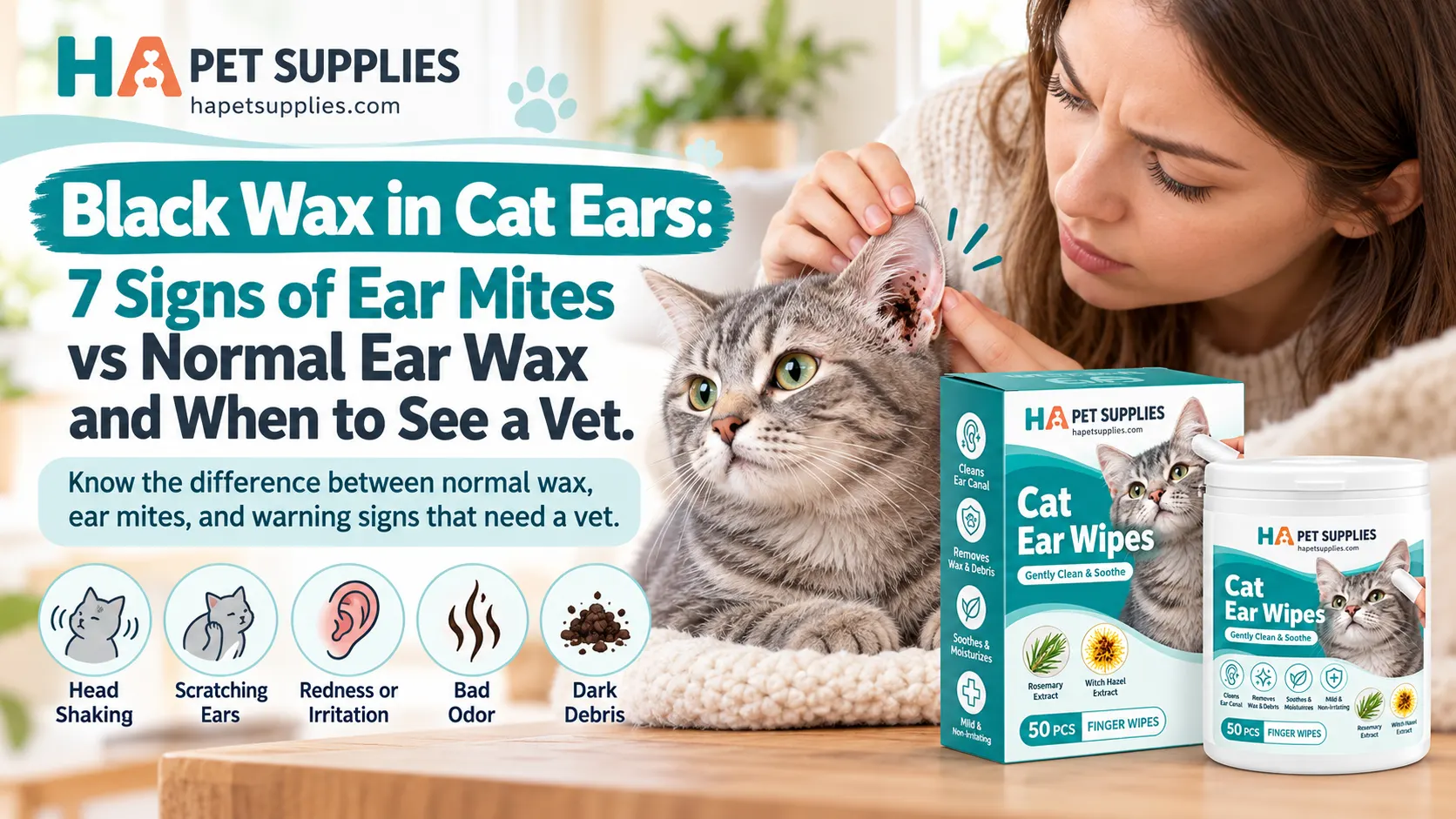 Black wax in cat ears and possible ear mite warning signs