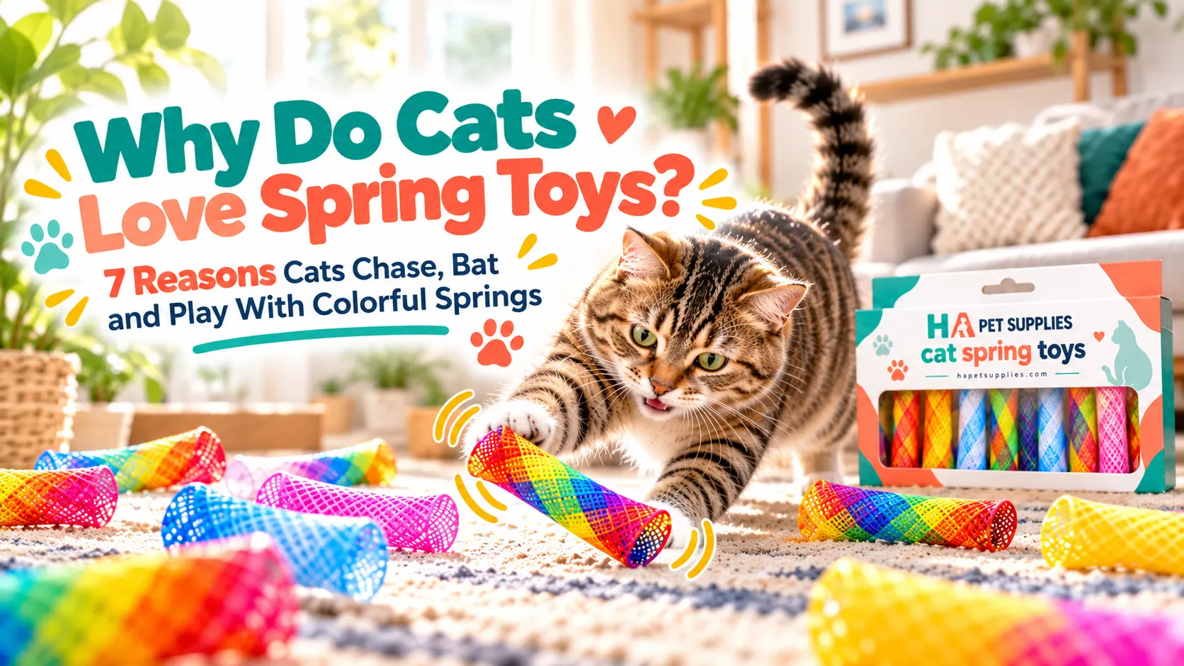 Cat spring toys with tabby cat batting a colorful mesh toy
