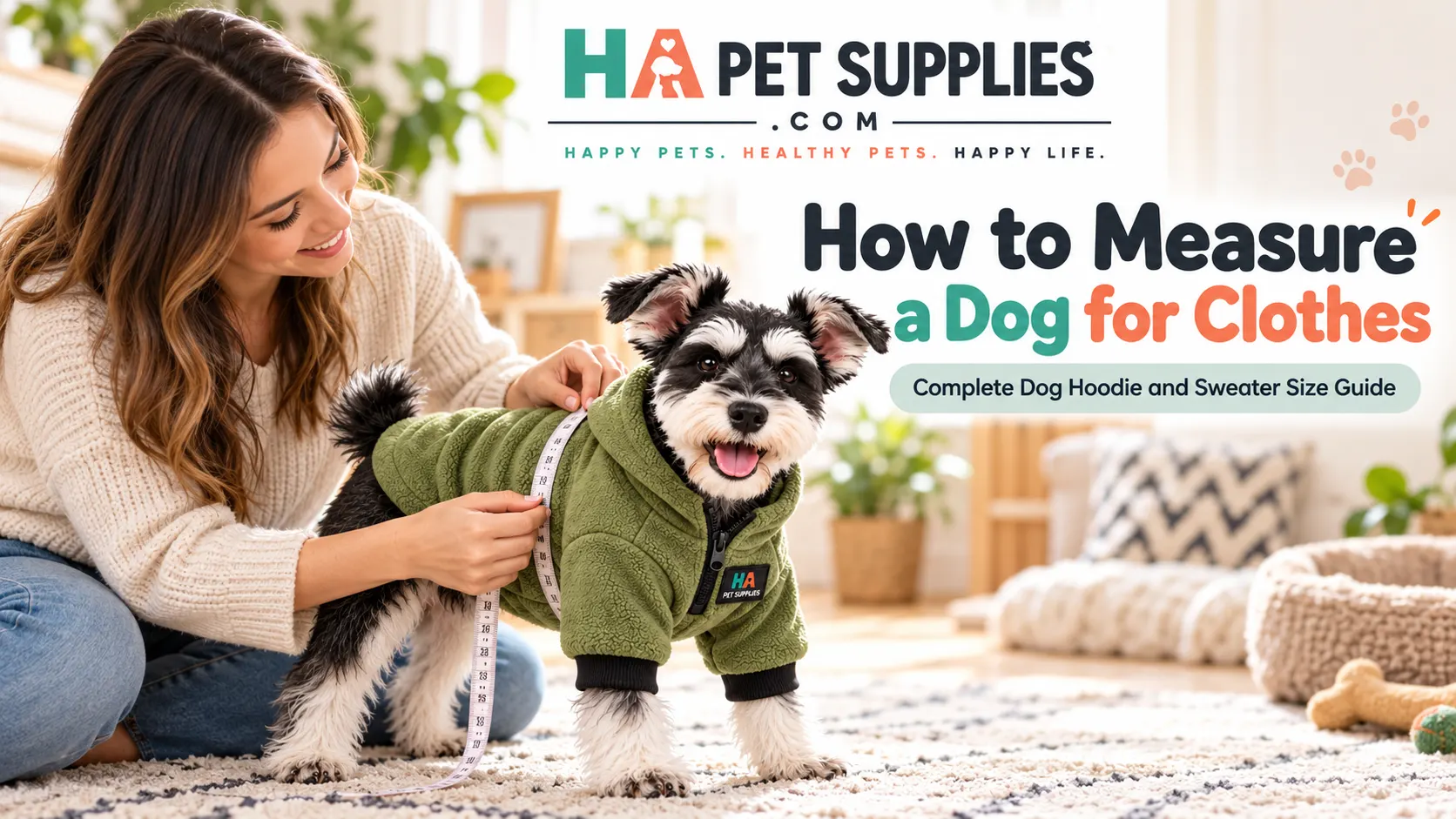 How to measure a dog for clothes using a flexible measuring tape around a small Schnauzer.