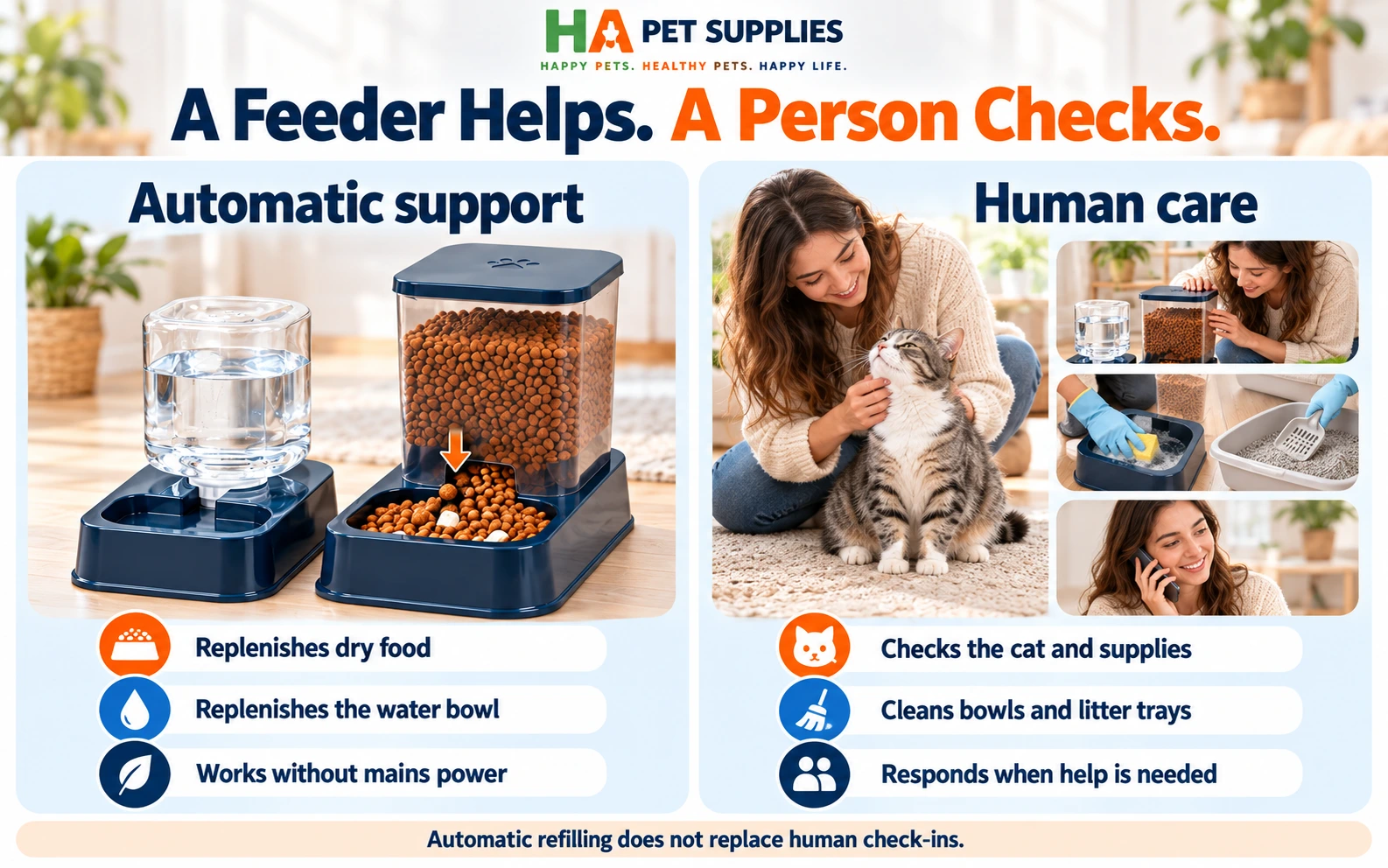 Automatic cat feeder with regular human check-ins