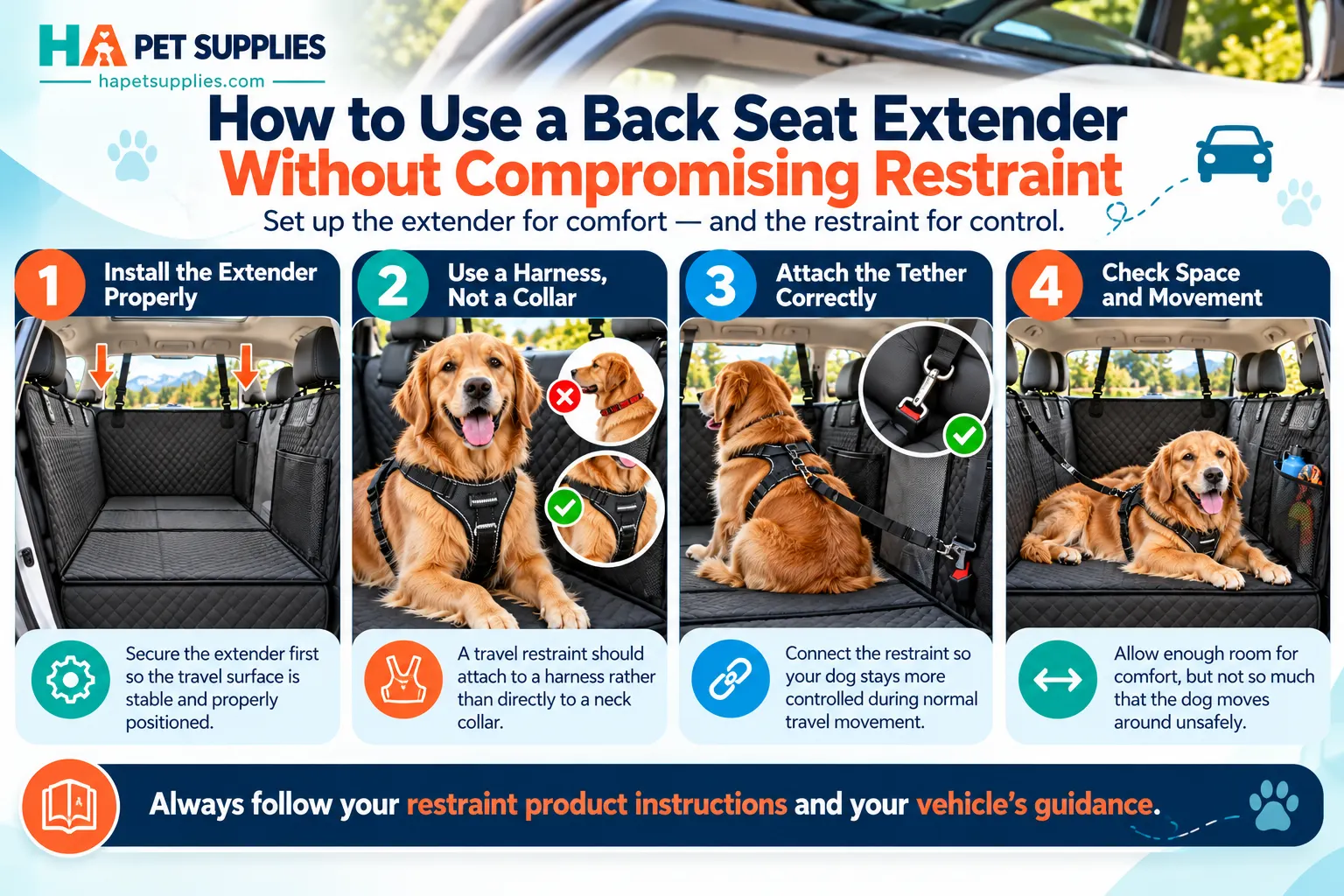 dog car travel safety steps for using a back seat extender with restraint