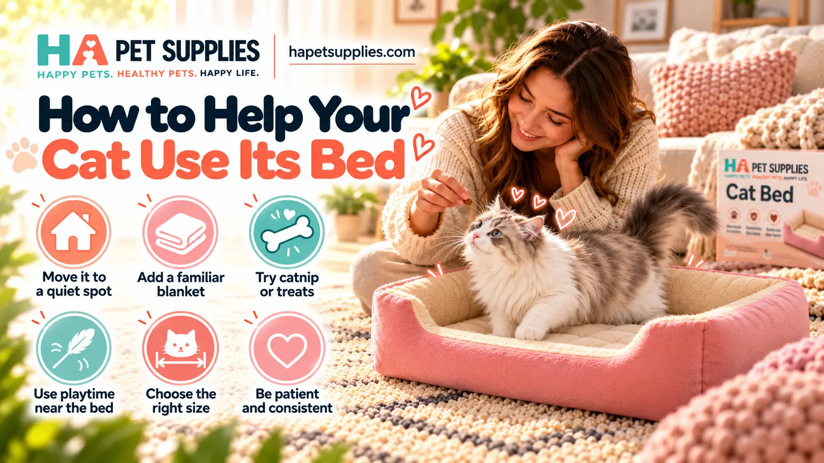 Fluffy cat enjoying pink plush bed with gentle encouragement