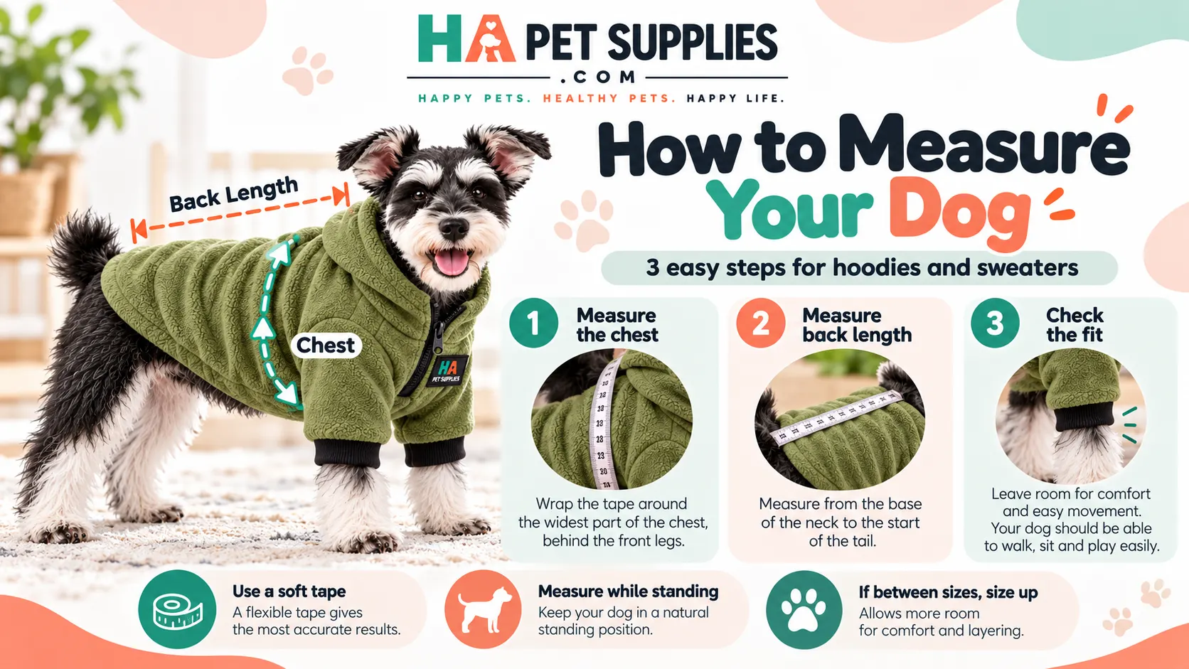 Dog clothes measuring guide showing where to measure chest girth, neck circumference and back length.