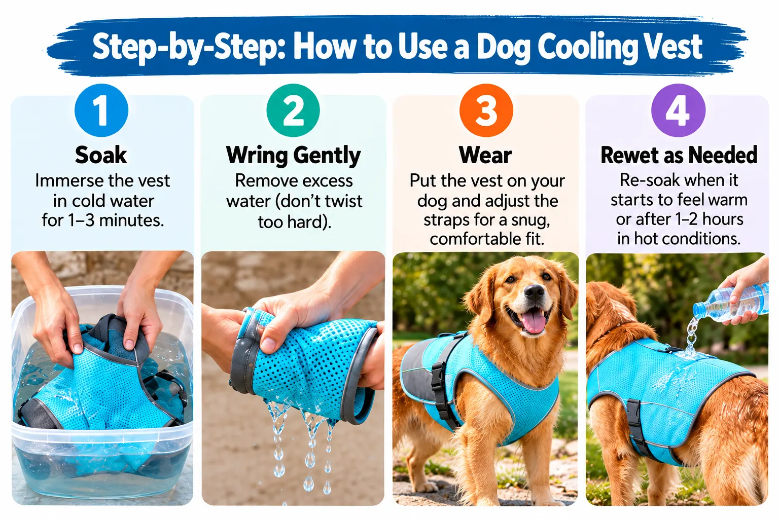 how to use a dog cooling vest safely soak wring wear and rewet steps