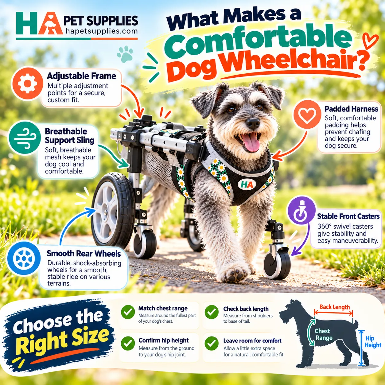 Adjustable dog wheelchair for back legs with support features