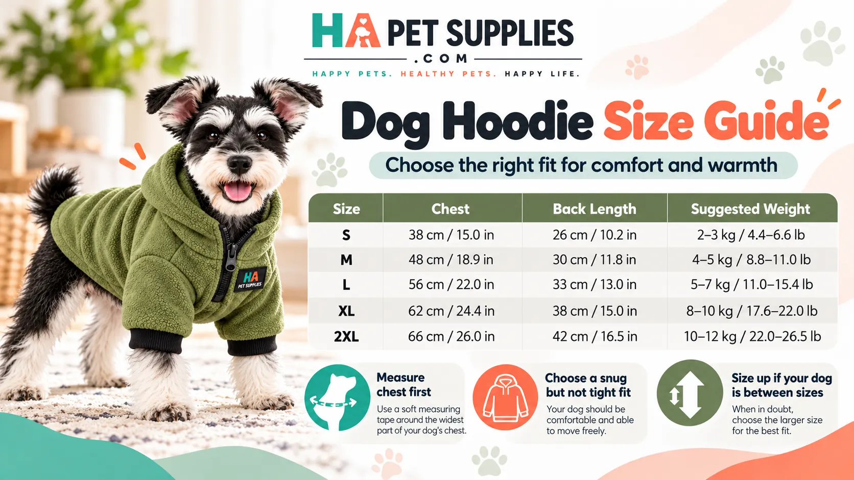Dog hoodie size guide illustrating how to compare chest and back measurements with a clothing size chart.