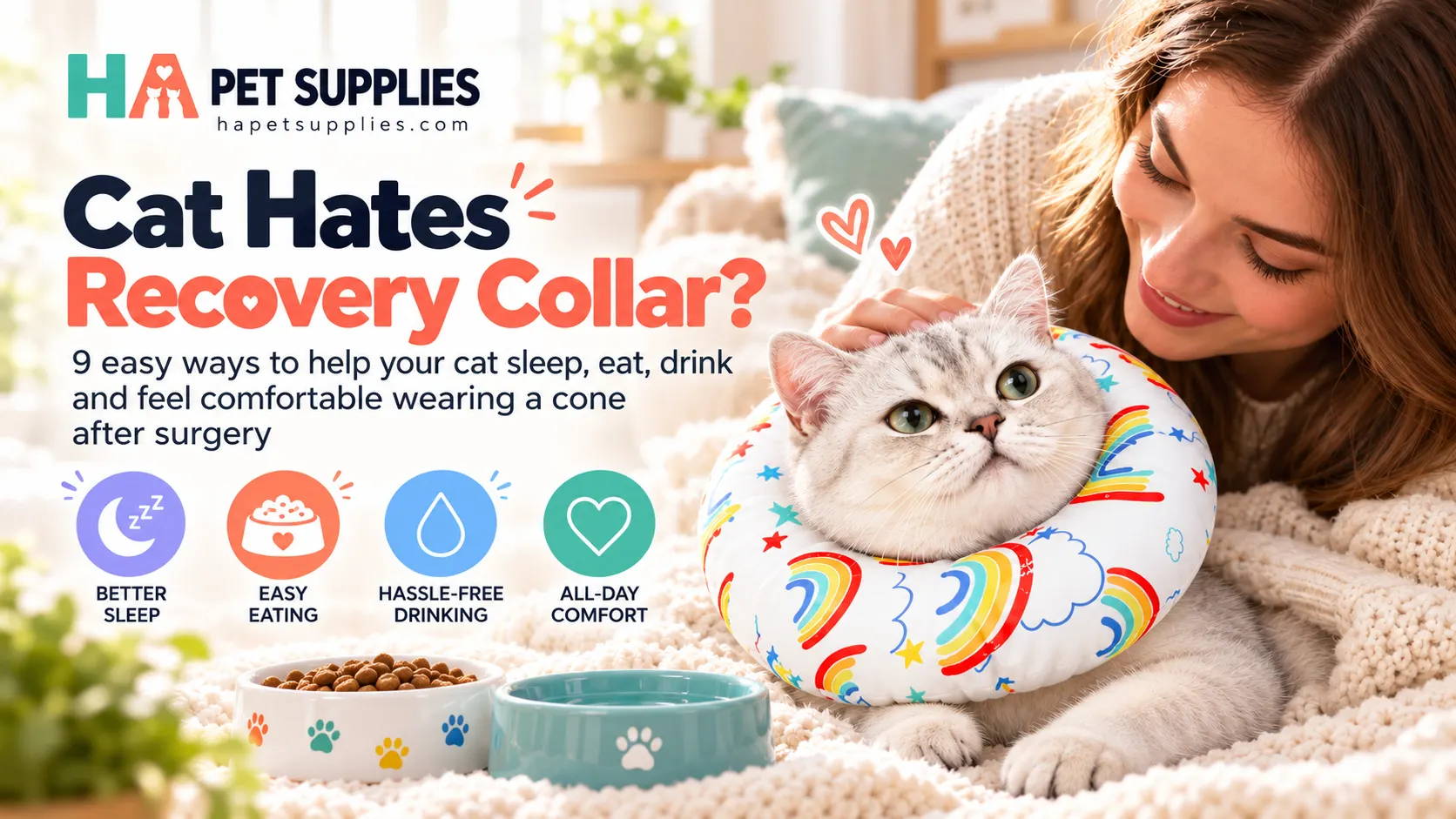 Cat hates recovery collar — helping cats feel comfortable with soft donut recovery collar and owner