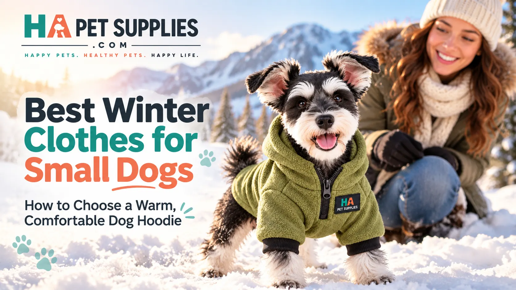 Best winter clothes for small dogs featuring a Schnauzer wearing an olive-green fleece dog hoodie in snow.
