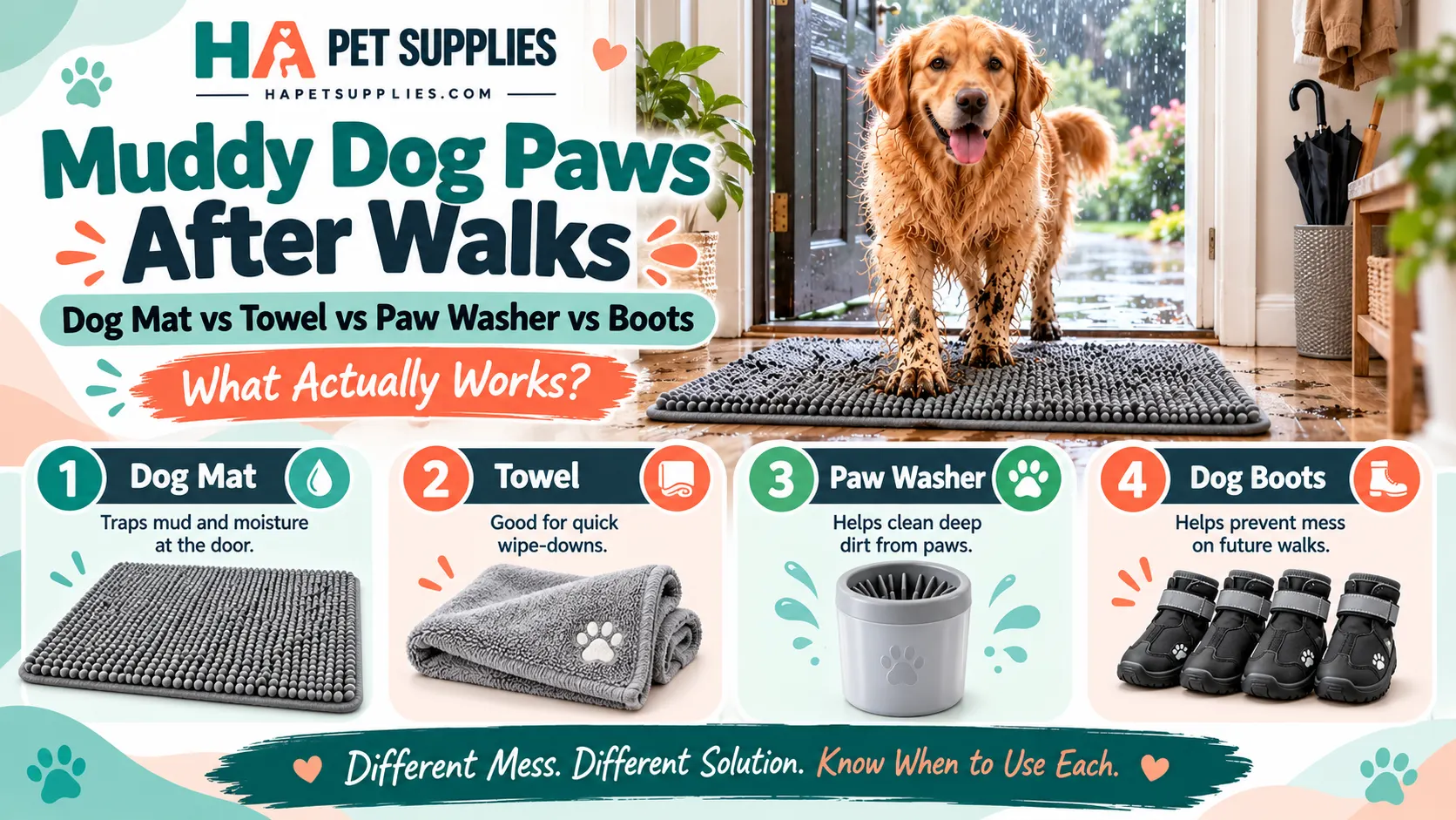 muddy dog paws after walks with dog mat towel paw washer and boots