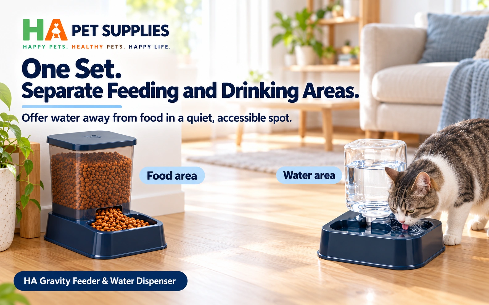 Gravity cat feeder and water dispenser placed in separate feeding and drinking areas