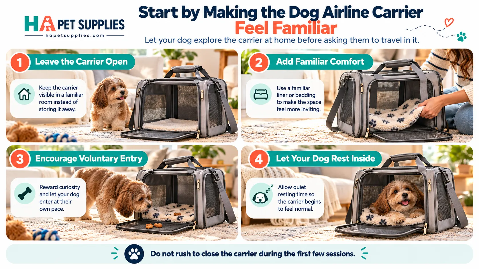 How to get a dog comfortable in an airline carrier with gradual training steps