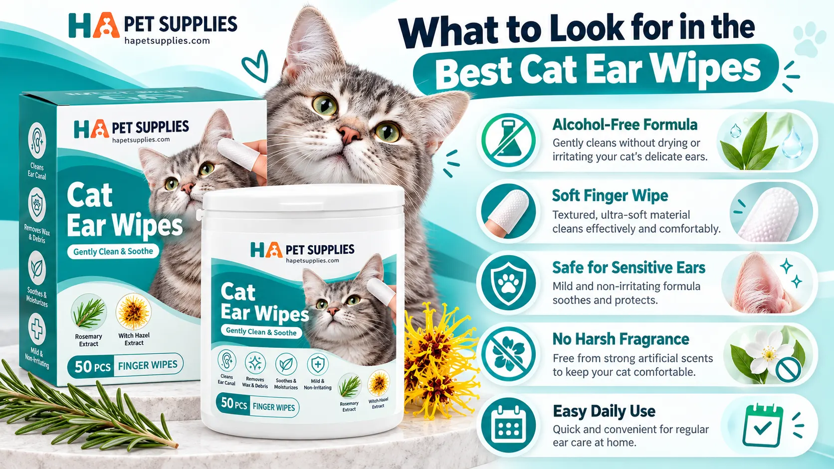Safe cat ear cleaning wipes with soft finger design
