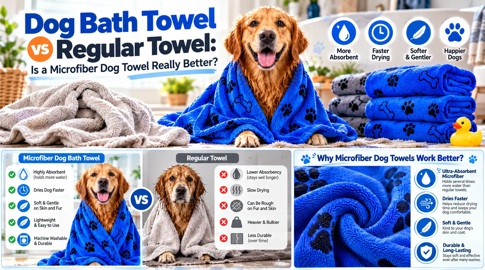 dog bath towel vs regular towel absorbency softness and drying speed