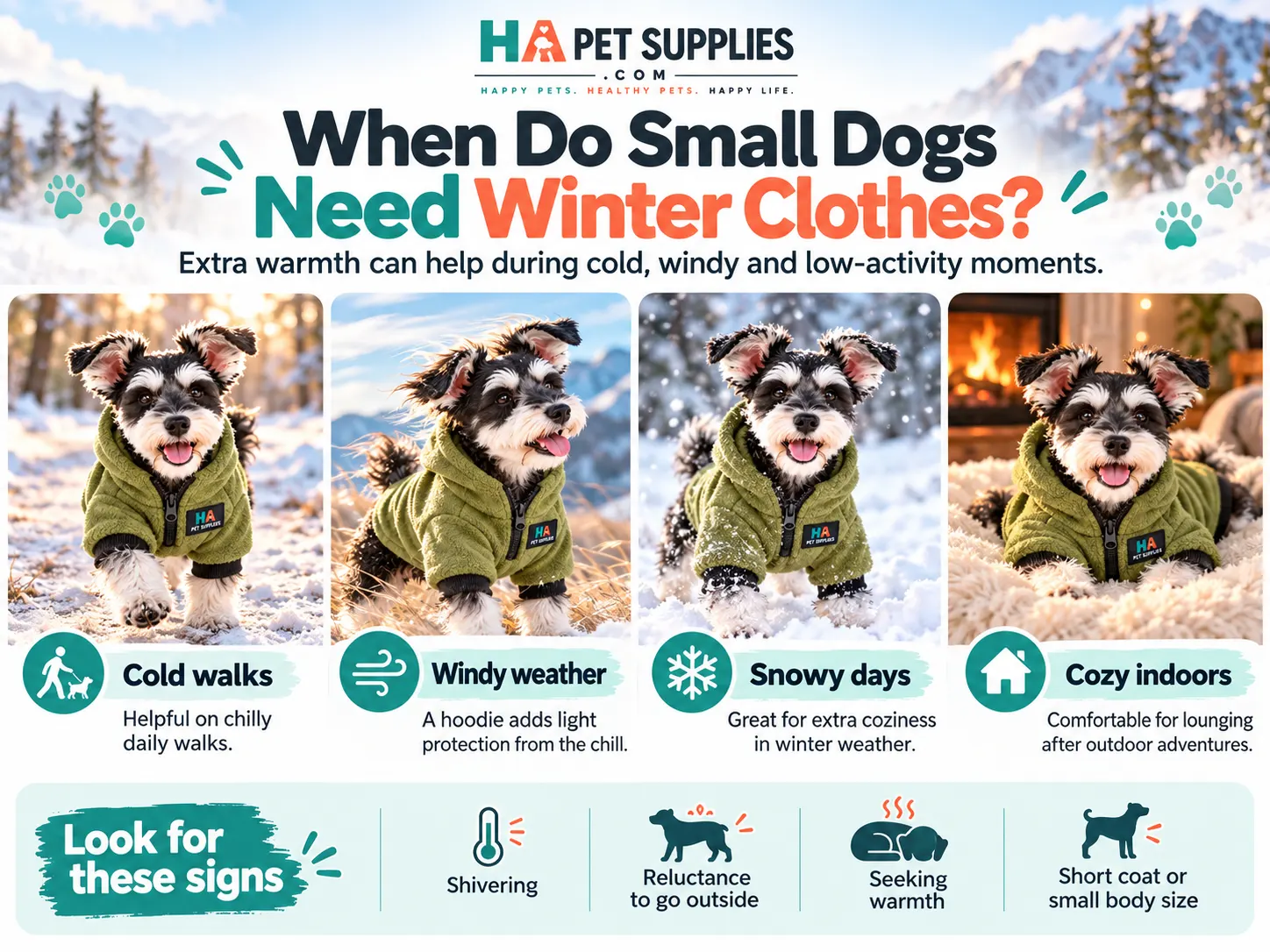 Small dog wearing winter clothes outdoors during chilly weather in a green fleece hoodie.
