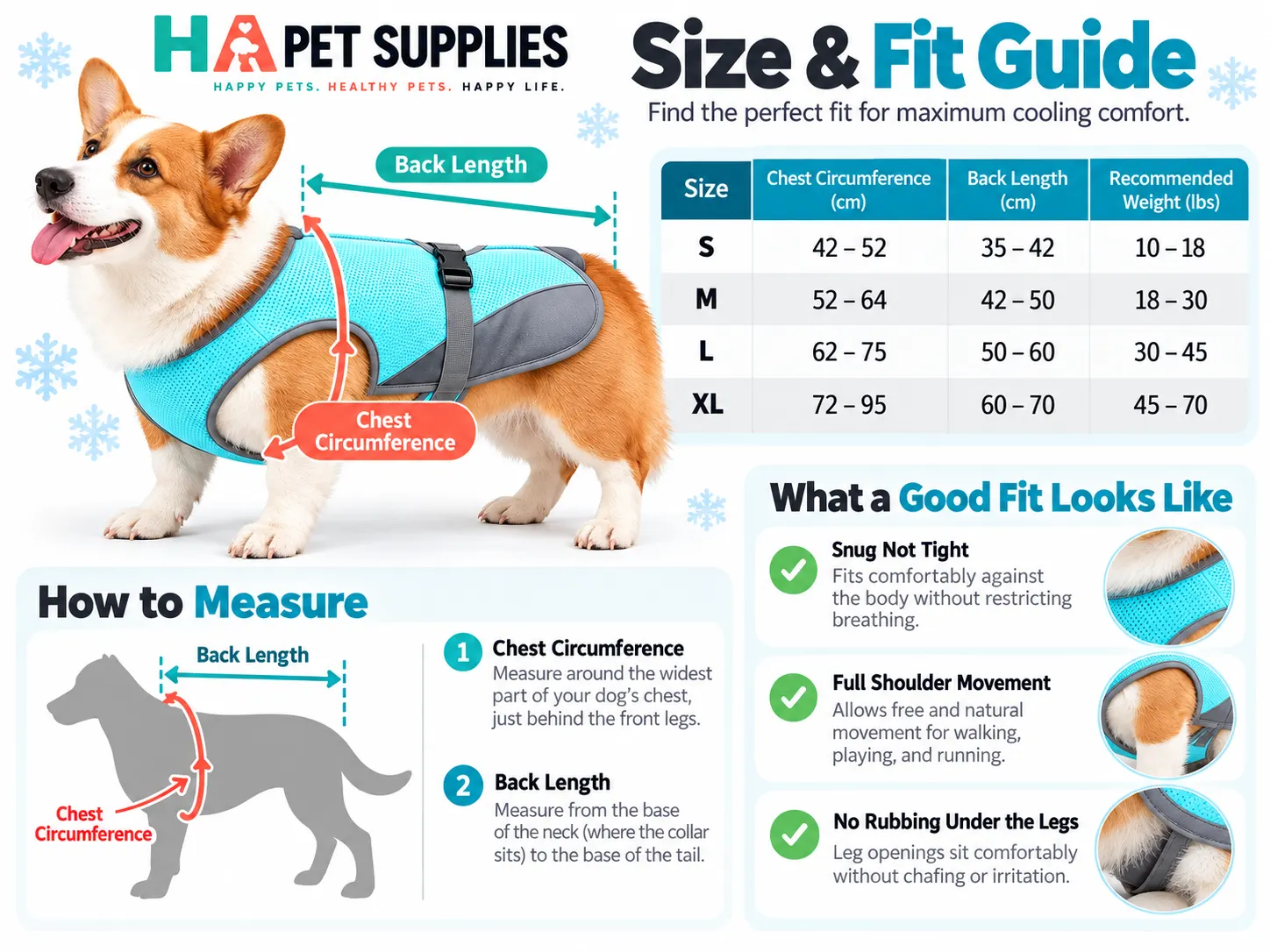 dog cooling vest size guide with chest neck and back measurements
