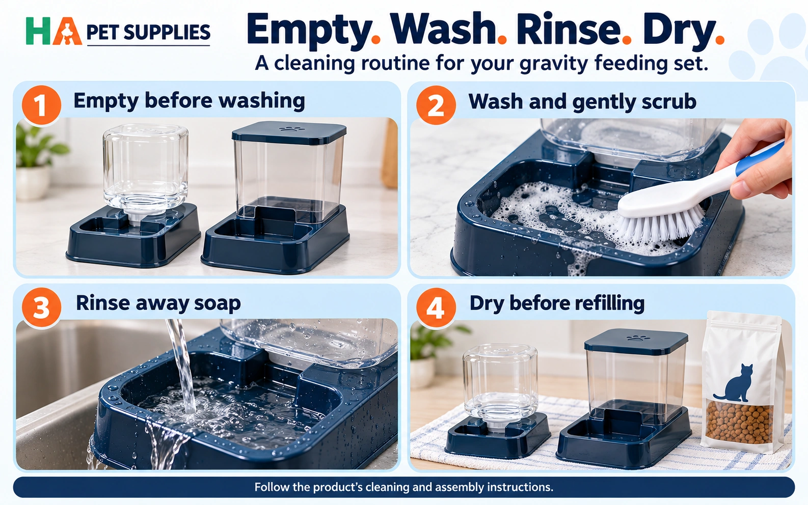 Gravity cat feeder and water dispenser four step cleaning guide