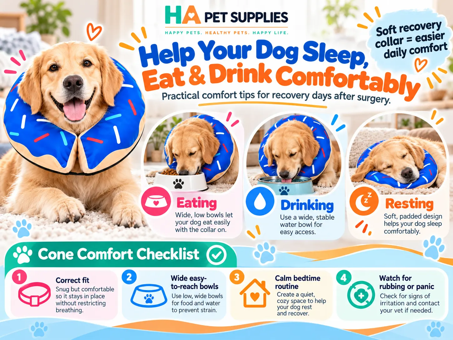 Dog recovery collar tips for comfortable eating and sleeping