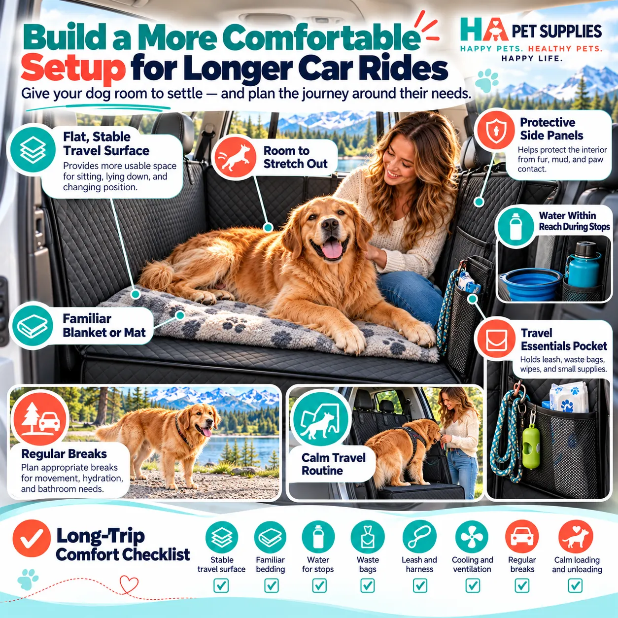 dog car travel comfort setup for long trips with dog seat extender water and bedding