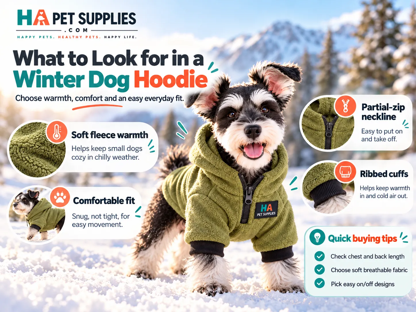 Green fleece winter dog hoodie on a small Schnauzer showing a partial-zip neckline and ribbed cuffs.