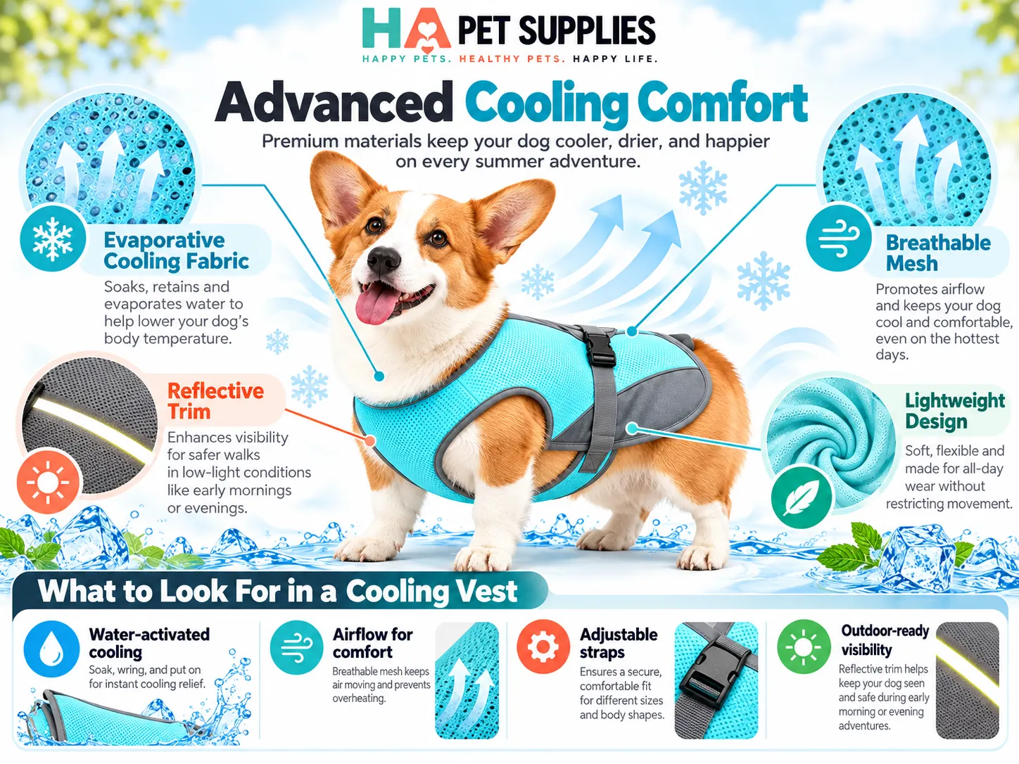 dog cooling vest with breathable mesh reflective trim and adjustable fit